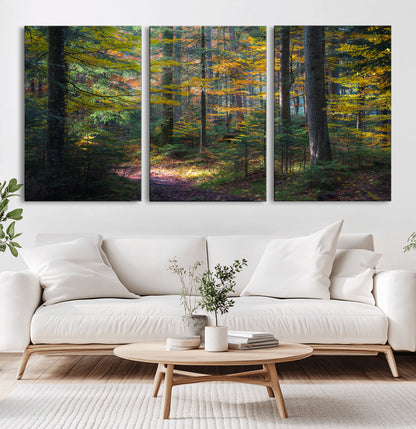 65810864-MGV-CV-36X24-Autumn Forest Wall Art Canvas Print, Framed Fall Woodland Art Picture Print, Golden Leaves Perfect Rustic Farmhouse Decor Artwork
