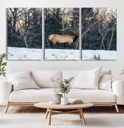 36533178-MGV-CV-36X24-Wild Elk Photography Wall Art Canvas Print, Framed Winter Wildlife Art Picture Print, Snowy Forest Perfect Rustic Lodge Decor