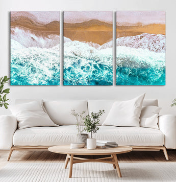 26870666-MGV-CV-36X24-Aerial Beach Wall Art Canvas Print, Framed Ocean Waves Art Picture Print, Coastal Landscape Perfect Coastal Minimalist Decor
