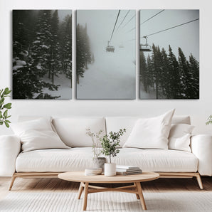 87018452-MGV-CV-36X24-Ski Lift Wall Art Canvas Print, Framed Snowy Pines Art Picture Print, Misty Landscape Perfect Winter Serenity Decor Artwork