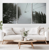 87018452-MGV-CV-36X24-Ski Lift Wall Art Canvas Print, Framed Snowy Pines Art Picture Print, Misty Landscape Perfect Winter Serenity Decor Artwork