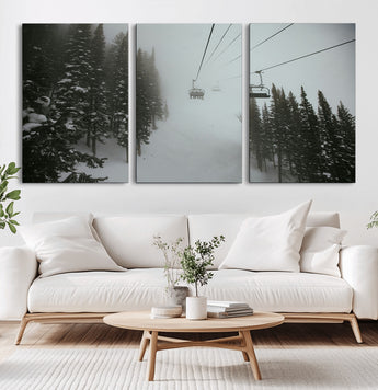 87018452-MGV-CV-36X24-Ski Lift Wall Art Canvas Print, Framed Snowy Pines Art Picture Print, Misty Landscape Perfect Winter Serenity Decor Artwork