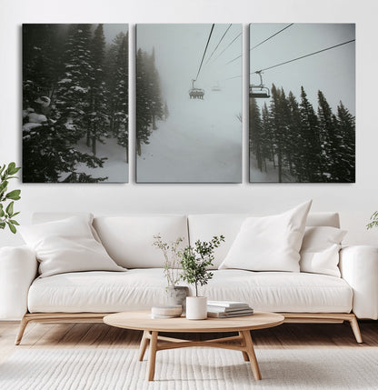 87018452-MGV-CV-36X24-Ski Lift Wall Art Canvas Print, Framed Snowy Pines Art Picture Print, Misty Landscape Perfect Winter Serenity Decor Artwork