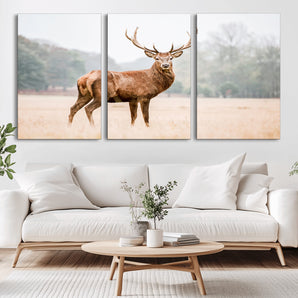 86502413-MGV-CV-36X24-Vintage Wildlife Art Wall Art Canvas Print, Framed Misty Landscape Art Picture Print, Deer Wall Art Perfect Rustic Wildlife Decor