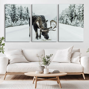 13316292-MGV-CV-36X24-Moose in Snow Wall Art Canvas Print, Framed Winter Wildlife Art Picture Print, Snowy Forest Scene Perfect Rustic Lodge Decor