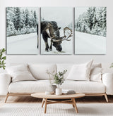 13316292-MGV-CV-36X24-Moose in Snow Wall Art Canvas Print, Framed Winter Wildlife Art Picture Print, Snowy Forest Scene Perfect Rustic Lodge Decor