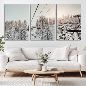 91534512-MGV-CV-36X24-Frosty Pines Wall Art Canvas Print, Framed Cozy Cabin View Art Picture Print, Ski Lift Ride Perfect Rustic Lodge Decor Artwork