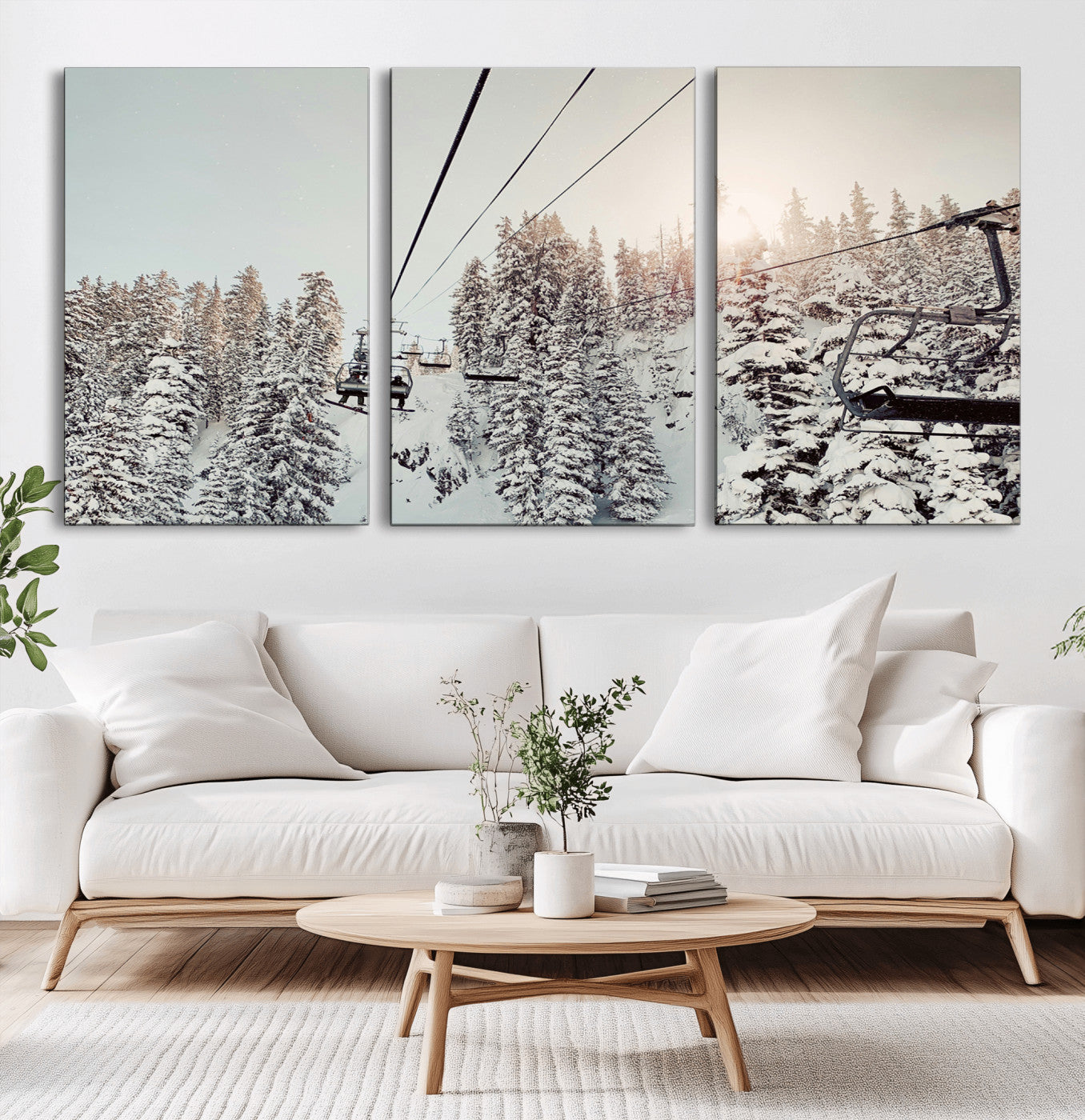 91534512-MGV-CV-36X24-Frosty Pines Wall Art Canvas Print, Framed Cozy Cabin View Art Picture Print, Ski Lift Ride Perfect Rustic Lodge Decor Artwork