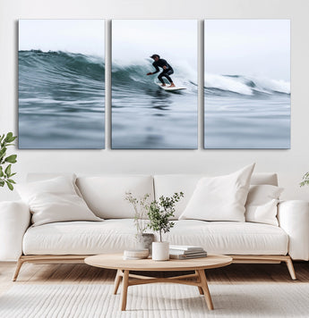 11693607-MGV-CV-36X24-Surfer on Wave Wall Art Canvas Print, Framed Ocean Adventure Art Picture Print, Motion Blur Water Perfect Coastal Adventure Decor