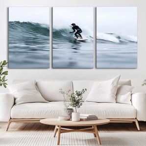 11693607-MGV-CV-36X24-Surfer on Wave Wall Art Canvas Print, Framed Ocean Adventure Art Picture Print, Motion Blur Water Perfect Coastal Adventure Decor