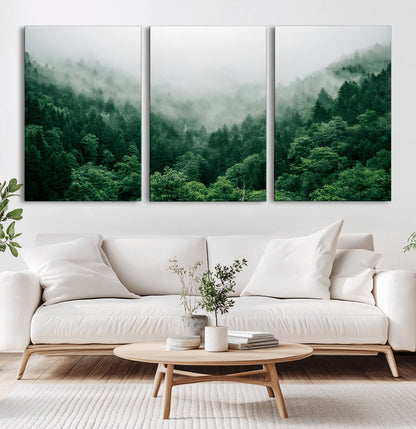 45265379-MGV-CV-36X24-Misty Forest Wall Art – Green Mountain Pine Tree Landscape Canvas Print, Nature Photography Artwork Home Decor for Bedroom, Living