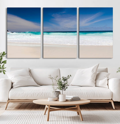 55017356-MGV-CV-36X24-Ocean Beach Wall Art – Turquoise Wave and White Sand Shoreline Canvas Print, Coastal Seascape Photography Decor for Living Room,