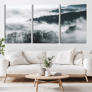 67569654-MGV-CV-36X24-Foggy Forest Wall Art – Mist Covered Hills and Trees Landscape Canvas Print, Moody Nature Photography Decor for Living Room,