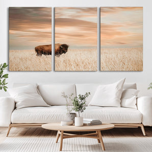 20306324-MGV-CV-36X24-Bison Wall Art – Lone American Buffalo Prairie Sunset Canvas Print, Rustic Western Wildlife Photography Decor for Living Room,