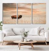 20306324-MGV-CV-36X24-Bison Wall Art – Lone American Buffalo Prairie Sunset Canvas Print, Rustic Western Wildlife Photography Decor for Living Room,