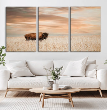 20306324-MGV-CV-36X24-Bison Wall Art – Lone American Buffalo Prairie Sunset Canvas Print, Rustic Western Wildlife Photography Decor for Living Room,
