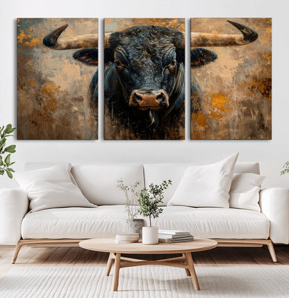 91615410-MGV-CV-36X24-Bull Wall Art – Rustic Western Longhorn Canvas Print, Powerful Abstract Animal Painting, Farmhouse Ranch Decor for Living Room,