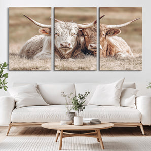 38651722-MGV-CV-36X24-Cow Wall Art – Rustic Longhorn Pair Canvas Print, Western Farmhouse Animal Painting, Country Ranch Decor for Living Room, Bedroom,