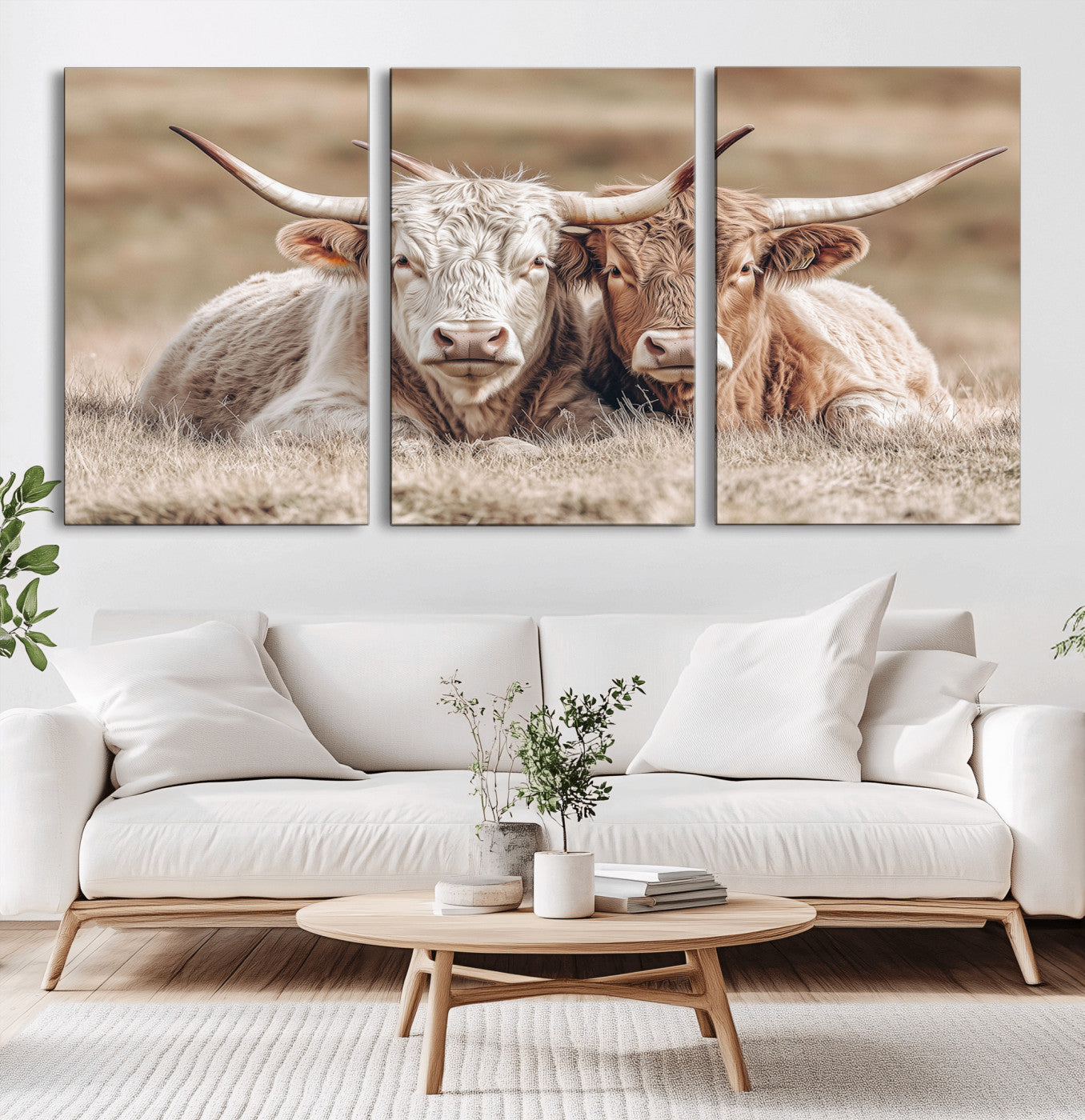 38651722-MGV-CV-36X24-Cow Wall Art – Rustic Longhorn Pair Canvas Print, Western Farmhouse Animal Painting, Country Ranch Decor for Living Room, Bedroom,