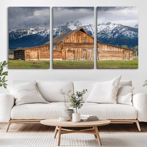 15173627-MGV-CV-36X24-Barn Wall Art – Rustic Wooden Cabin Canvas Print with Snowy Mountain Landscape, Western Farmhouse Country Decor for Living Room,