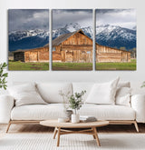 15173627-MGV-CV-36X24-Barn Wall Art – Rustic Wooden Cabin Canvas Print with Snowy Mountain Landscape, Western Farmhouse Country Decor for Living Room,
