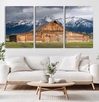 15173627-MGV-CV-36X24-Barn Wall Art – Rustic Wooden Cabin Canvas Print with Snowy Mountain Landscape, Western Farmhouse Country Decor for Living Room,