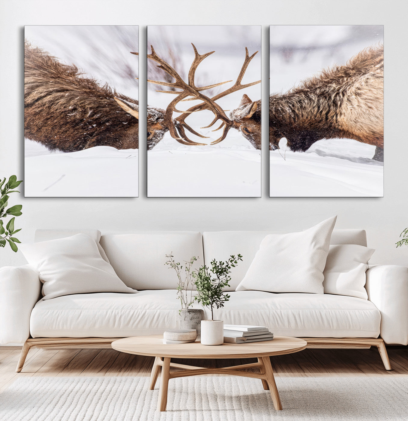 99240306-MGV-CV-36X24-Elk Wall Art – Two Bull Elk Fighting in Snow Canvas Print, Rustic Wildlife Artwork for Cabin, Lodge, Western Farmhouse, Nature &