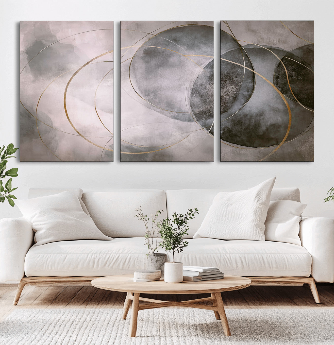 20066876-MGV-CV-36X24-Neutral Abstract Circle Wall Art – Modern Gray Beige Gold Canvas Print, Minimalist Geometric Painting for Bedroom, Living Room,