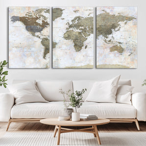 49530522-MGV-CV-36X24-Earthy Vintage World Map Wall Art – Rustic Pastel Toned Atlas – Large Canvas Travel Decor for Study, Living Room, or Office Wall