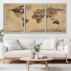56103352-MGV-CV-36X24-Vintage Sepia World Map Wall Art – Antique Style Explorer Atlas – Rustic Brown and Tan Canvas for Study, Office, Living Room, or