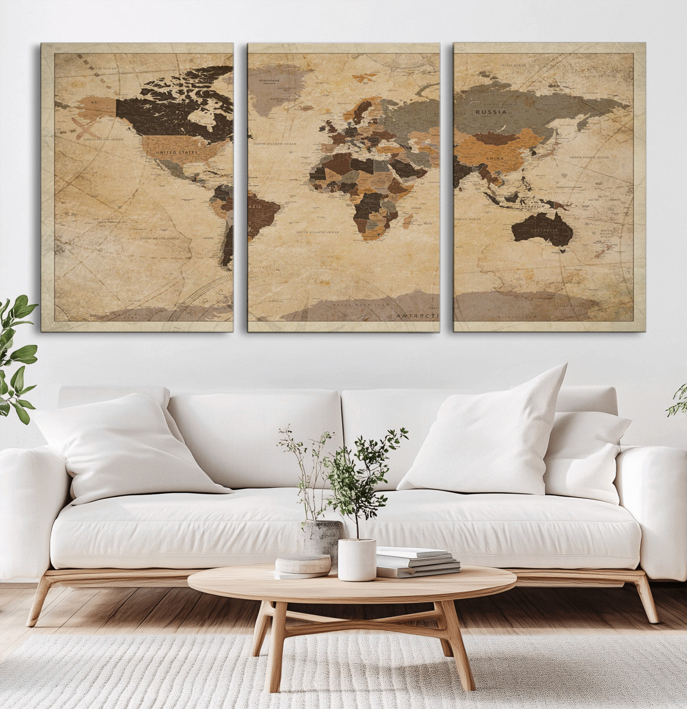 56103352-MGV-CV-36X24-Vintage Sepia World Map Wall Art – Antique Style Explorer Atlas – Rustic Brown and Tan Canvas for Study, Office, Living Room, or