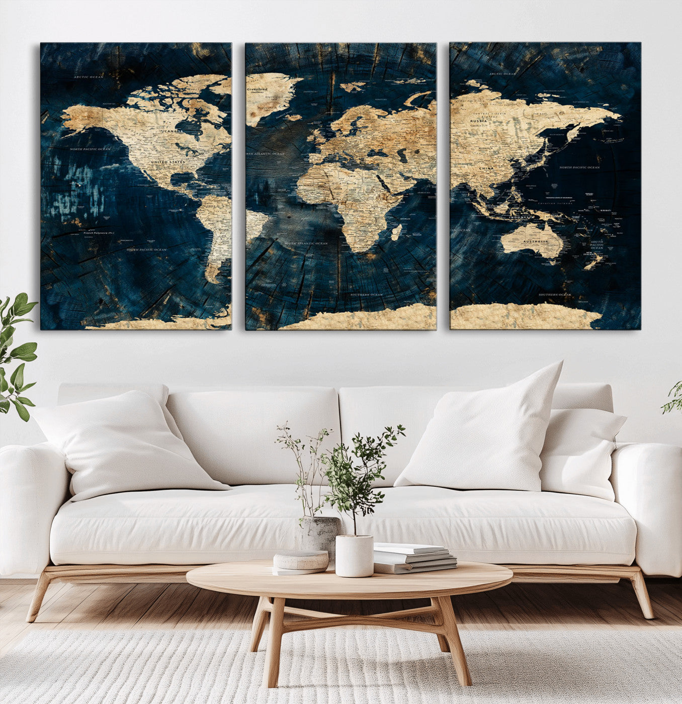 41767444-MGV-CV-36X24-Rustic Navy Blue and Gold World Map Wall Art – Vintage Explorer Atlas on Distressed Canvas – Bold Statement Decor for Office or