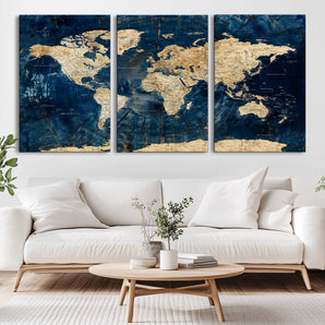 73616895-MGV-CV-36X24-Navy Blue and Gold World Map Wall Art – Rustic Explorer Atlas Distressed Canvas – Vintage Inspired Statement Decor for Home or