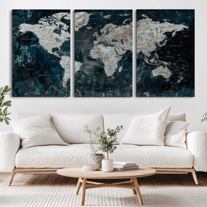 34425609-MGV-CV-36X24-World Map Wall Art – Rustic Navy and Grey Atlas Canvas Print, Distressed Explorer Map Artwork, Industrial Style Decor for Office,