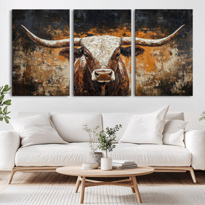 25265572-MGV-CV-36X24-Longhorn Bull Wall Art – Rustic Western Texas Steer Canvas Print, Textured Animal Painting for Home, Office, Man Cave or Farmhouse