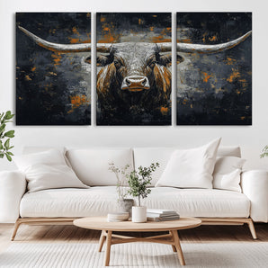 93195031-MGV-CV-36X24-Dark Longhorn Bull Wall Art – Western Steer Canvas Print, Moody Rustic Animal Painting for Man Cave, Ranch House, Office or Modern