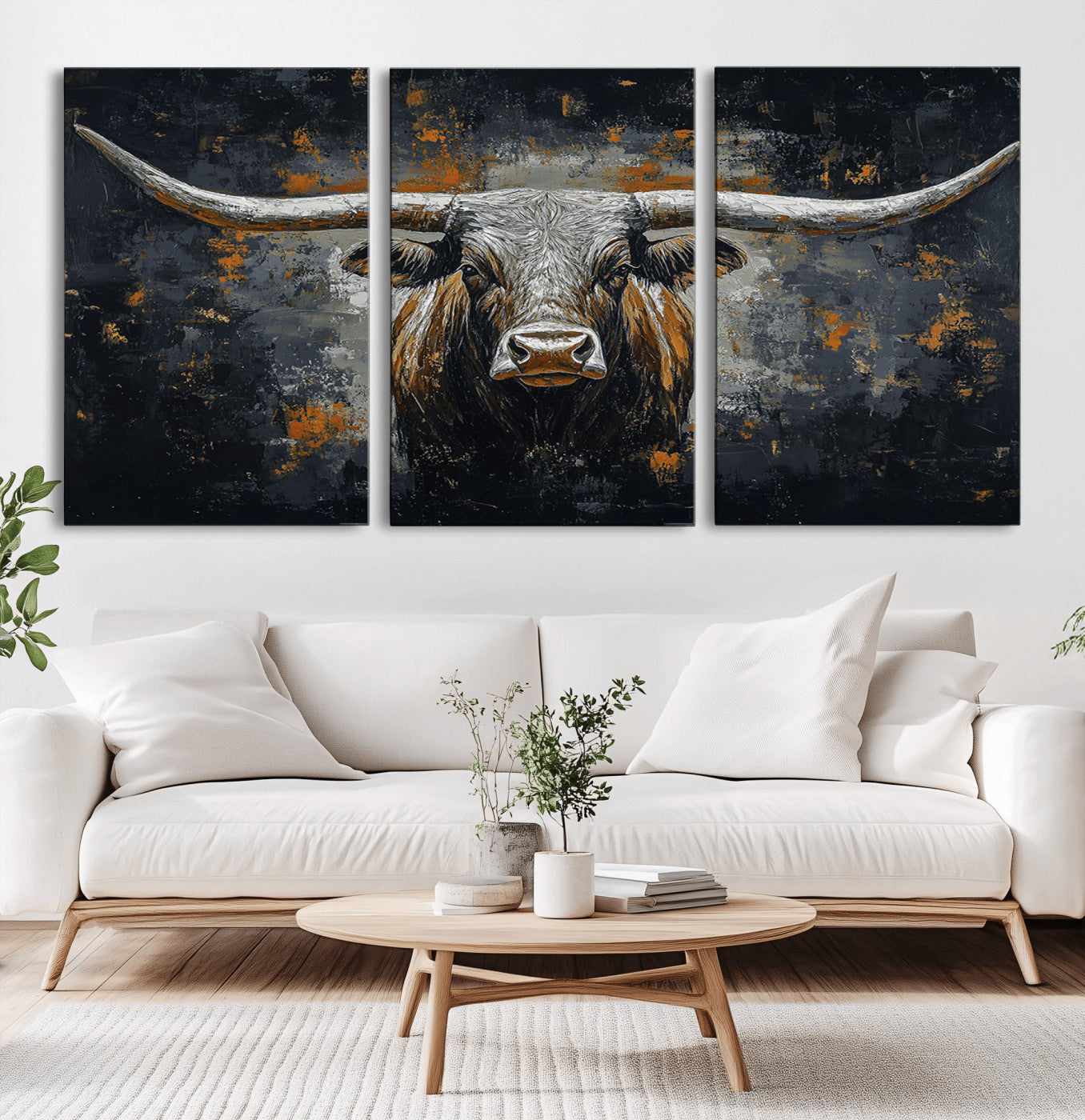 93195031-MGV-CV-36X24-Dark Longhorn Bull Wall Art – Western Steer Canvas Print, Moody Rustic Animal Painting for Man Cave, Ranch House, Office or Modern