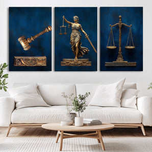 91629053-MGV-CV-36X24-Lady Justice Wall Art – Golden Gavel and Scales Canvas Print, Elegant Legal Office Decor for Lawyers, Judges, Courtroom or Study