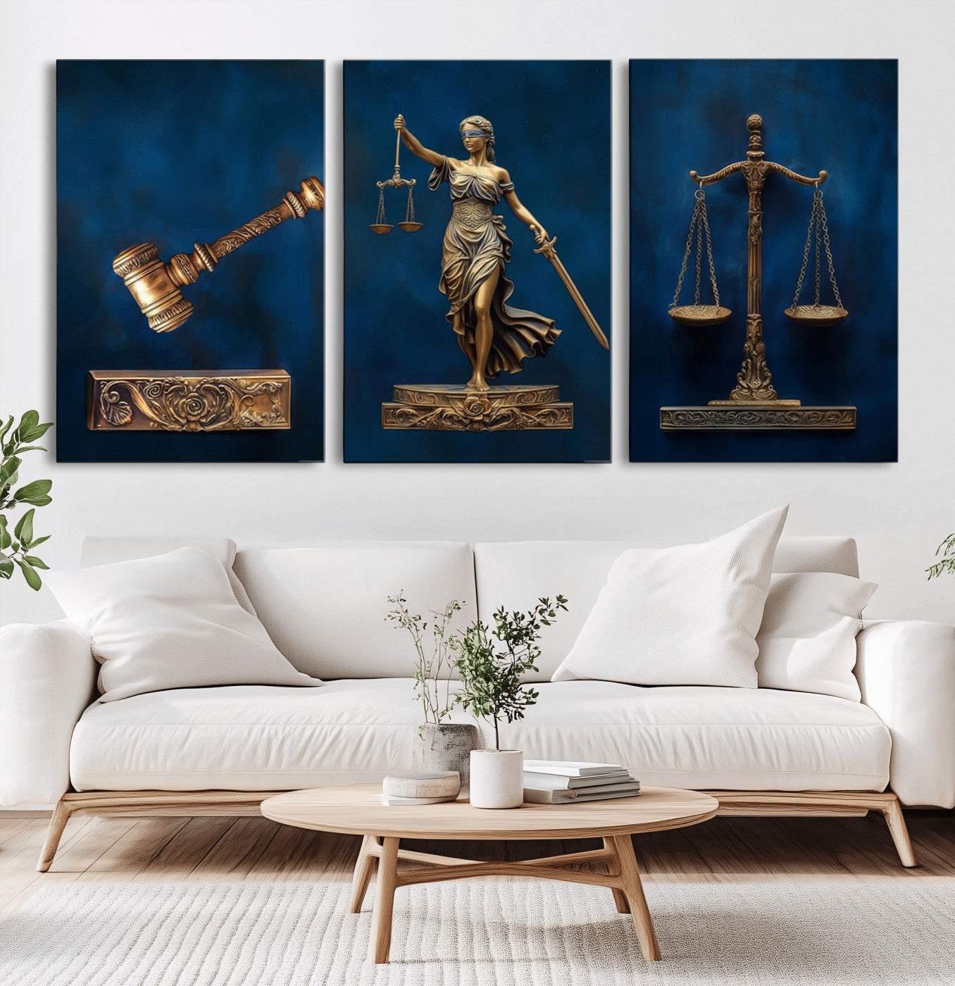 91629053-MGV-CV-36X24-Lady Justice Wall Art – Golden Gavel and Scales Canvas Print, Elegant Legal Office Decor for Lawyers, Judges, Courtroom or Study