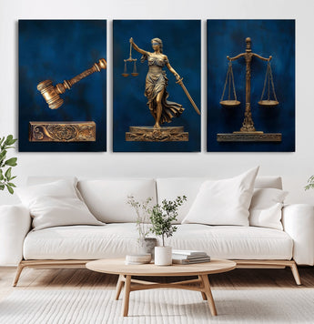91629053-MGV-CV-36X24-Lady Justice Wall Art – Golden Gavel and Scales Canvas Print, Elegant Legal Office Decor for Lawyers, Judges, Courtroom or Study
