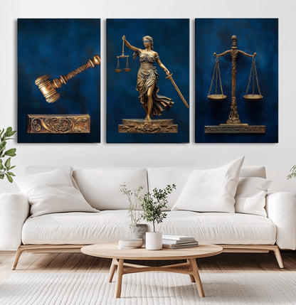91629053-MGV-CV-36X24-Lady Justice Wall Art – Golden Gavel and Scales Canvas Print, Elegant Legal Office Decor for Lawyers, Judges, Courtroom or Study