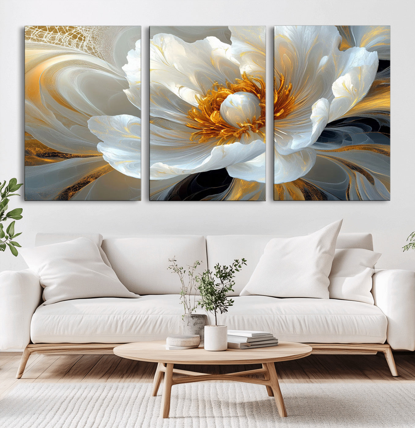 39604126-MGV-CV-36X24-Abstract Flower Wall Art – Elegant White and Gold Bloom Canvas Print, Modern Floral Artwork for Bedroom, Living Room, or Office
