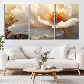 29539087-MGV-CV-36X24-Floral Wall Art – Elegant White and Gold Bloom Canvas Print, Romantic Modern Flower Artwork for Bedroom, Living Room, or Office