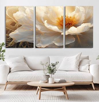 29539087-MGV-CV-36X24-Floral Wall Art – Elegant White and Gold Bloom Canvas Print, Romantic Modern Flower Artwork for Bedroom, Living Room, or Office