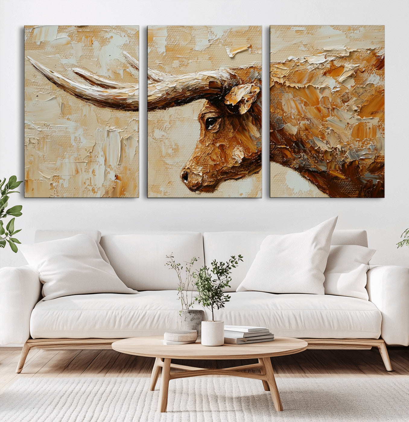 69611428-MGV-CV-36X24-Longhorn Bull Wall Art – Rustic Western Canvas Print, Textured Farmhouse Cattle Painting for Living Room, Office, or Ranch House