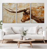 69611428-MGV-CV-36X24-Longhorn Bull Wall Art – Rustic Western Canvas Print, Textured Farmhouse Cattle Painting for Living Room, Office, or Ranch House