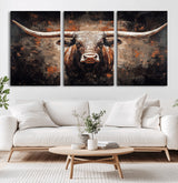 24779067-MGV-CV-36X24-Longhorn Bull Wall Art – Western Rustic Canvas Print, Bold Cowboy Cattle Painting for Ranch House, Farmhouse, Office, or Living