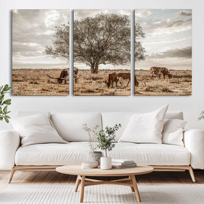 87590224-MGV-CV-36X24-Longhorn Cattle Wall Art – Rustic Western Landscape Canvas Print, Texas Farmhouse Prairie Scene for Living Room, Office, or Ranch