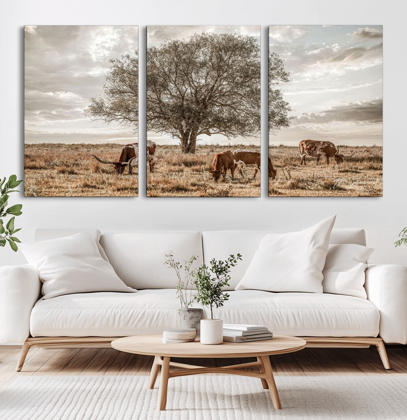 87590224-MGV-CV-36X24-Longhorn Cattle Wall Art – Rustic Western Landscape Canvas Print, Texas Farmhouse Prairie Scene for Living Room, Office, or Ranch