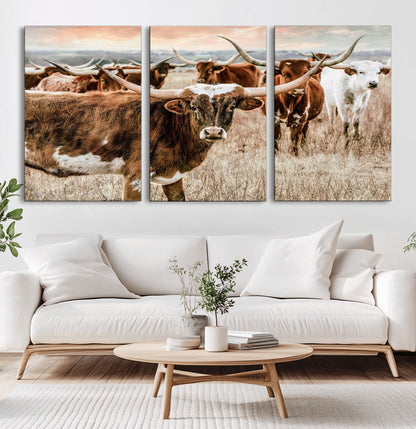 47758300-MGV-CV-36X24-Texas Longhorn Cattle Wall Art – Rustic Western Herd Canvas Print, Cowboy Ranch Farmhouse Decor for Living Room, Office, or